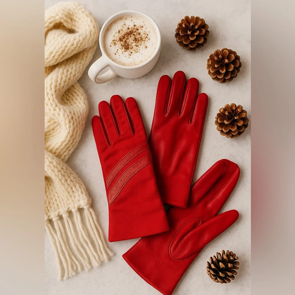 Vintage Red Aris Energy Gloves Nylon Leather Trim 80s 90s Retro Winter One Size